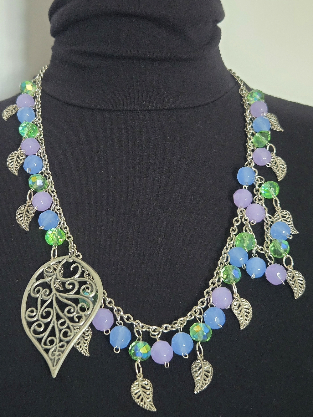 Y2K/2010s Filigree Scrollwork Leaf Pastel Crystal Statement Necklace Fairycore